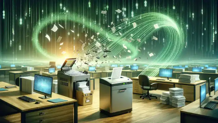 Image of documents being scanned and shredded.
