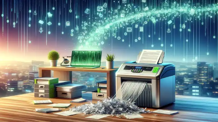 Image of documents being scanned and shredded for digitisation purposes.