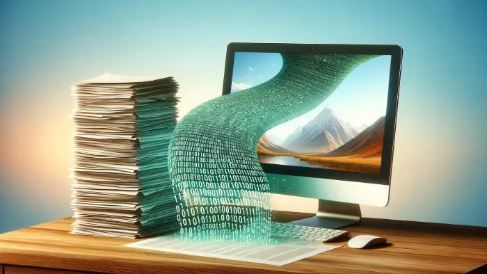 Illustration of data entering a pc screen representing data entry services.