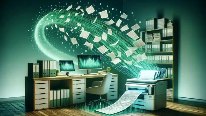 Image of documents floating from scanner to a pc to be digitised.